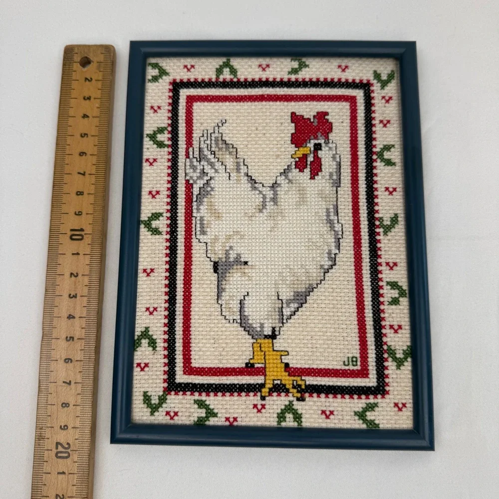Vintage Handmade Framed Rooster Cross Stitch Needlepoint Farmhouse Decor JB